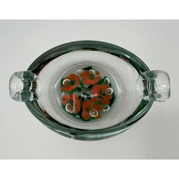 Vintage St. Clair Art Glass Trinket Dish Ashtray w Orange Trumpet Flowers - Picture 3 of 9